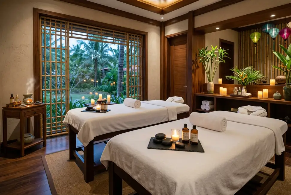 Private luxury couples massage room with side by side beds