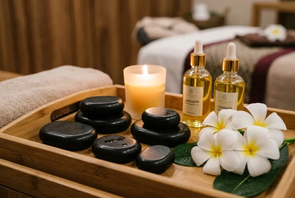 Volcanic hot massage stones with golden organic oils